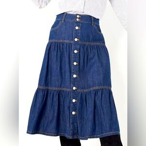 Denim Skirt Tiered Prairie Peasant Modest Western Size 8 Pockets Cottage Denim